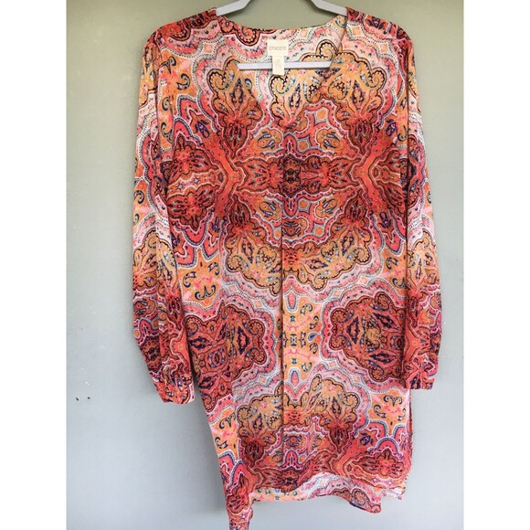 Chico’s Tunic Top 2 L Coral Paisley Light Layer Drapey Coastal Boho Blouse - Picture 6 of 14